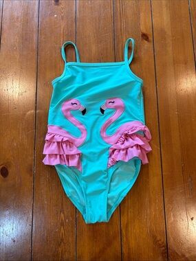 Gymboree Turquoise and Pink Flamingo Ruffle One-Piece Swimsuit Size 7